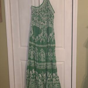 FARM Rio Green and White One-Shoulder Maxi Dress